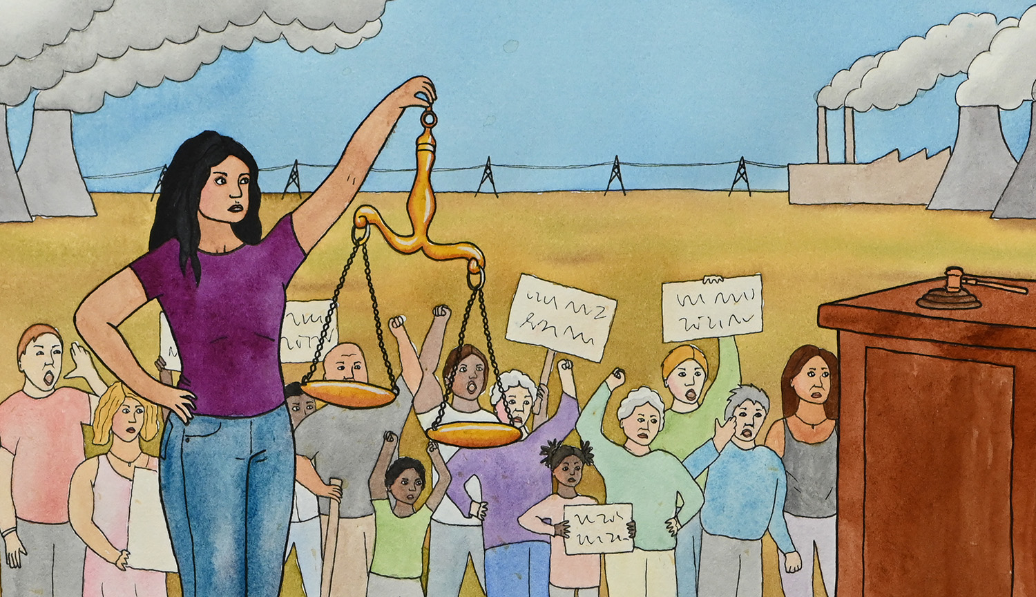 Illustration shows a judge behind a bench and a young person holding up the scales of justice. In the background are activists holding campaign placards and smokestacks pouring smoke into the air.