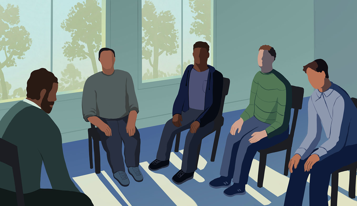 Ilustración de hombres sentados en círculo en una habitación.