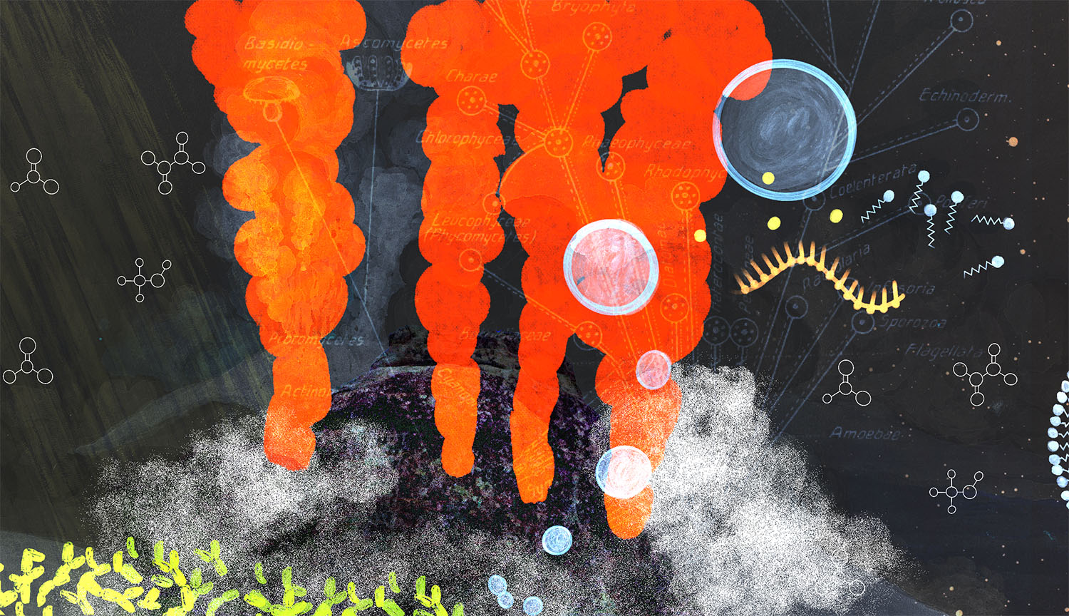 Ilustración conceptual que muestra una fuente hidrotermal oscura y caliente en el fondo del océano, además del origen de pequeñas sustancias químicas orgánicas y células primitivas.