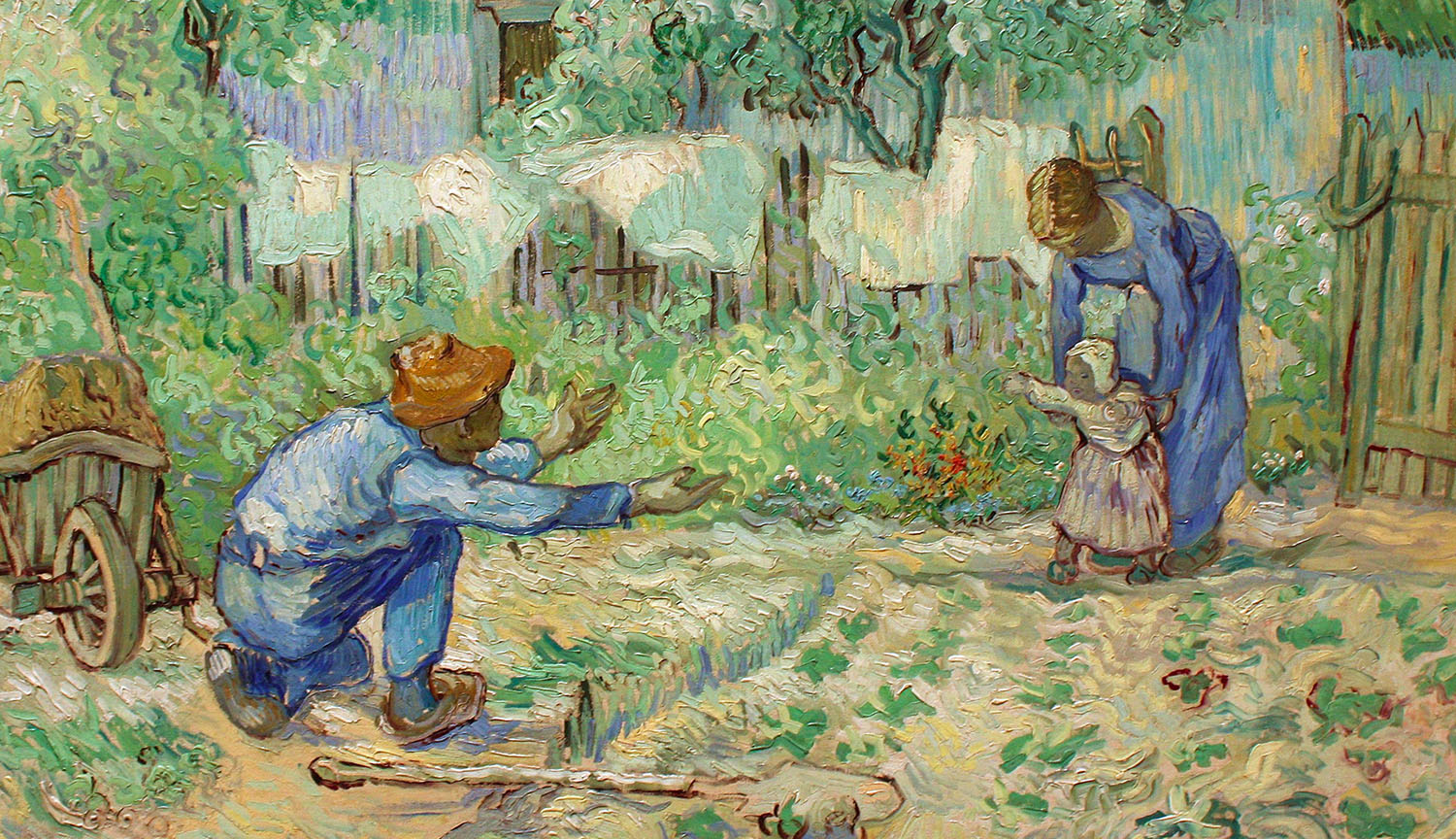 Pintura de un padre con brazos extendidos y un niño que camina hacia él.