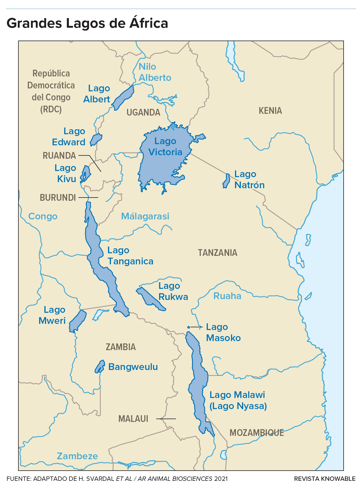 Mapa de los Grandes Lagos de África a lo largo del Rift de África Oriental.