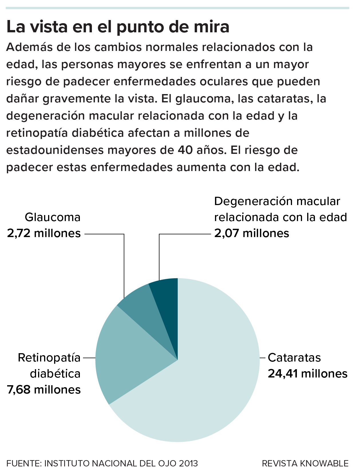 Gráfico de pastel de las enfermedades oculares que afligen a la población adulta de Estados Unidos.