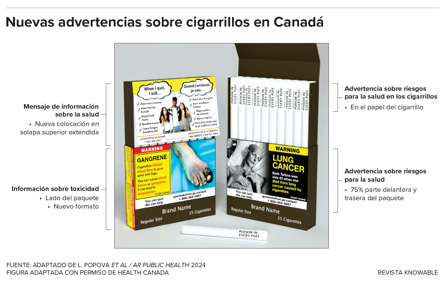 La figura muestra una serie de advertencias propuestas para los cigarrillos en Canadá. Incluyen imágenes de un dedo del pie gangrenado y de una persona muriéndose de cáncer de pulmón, advertencias en cada cigarrillo, afirmaciones positivas sobre cómo dejar de fumar y recursos.