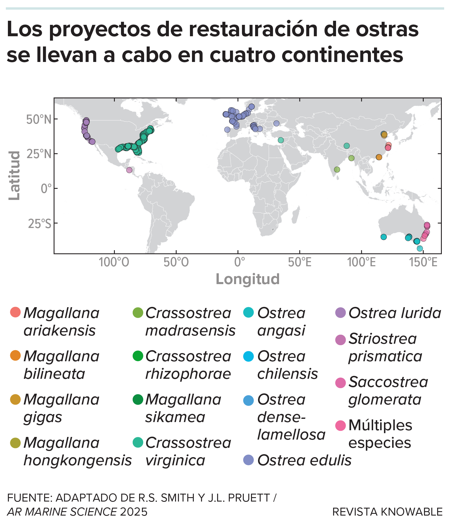 Mapa del mundo que muestra los lugares donde se llevan a cabo proyectos de restauración de ostras, codificados por colores según la especie de ostra implicada