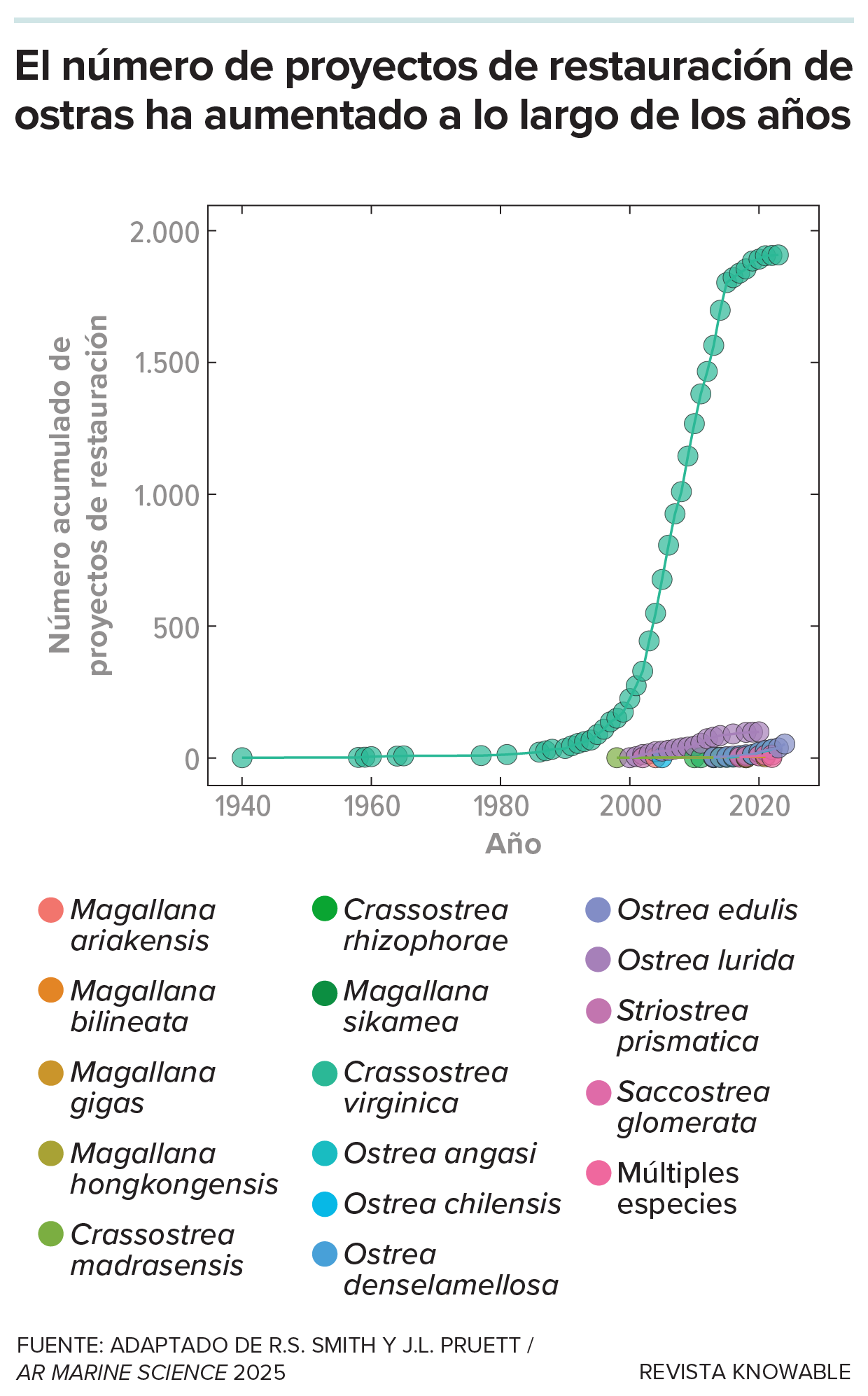 Un gráfico que abarca desde 1940 hasta más allá de 2020 muestra el número acumulado de proyectos de restauración. Las líneas están codificadas por colores para las diferentes especies de ostras. La gran mayoría de los proyectos se refieren a la ostra oriental y el aumento es pronunciado.