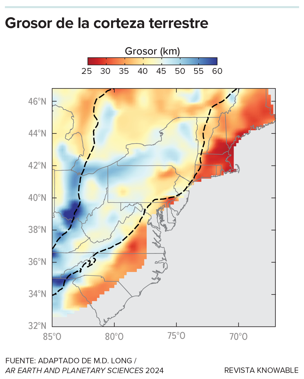 Corteza del litoral oriental Mapa de la costa este de Estados Unidos con colores superpuestos. Estos indican el grosor de la corteza de una región a otra. Hay mucha variación.