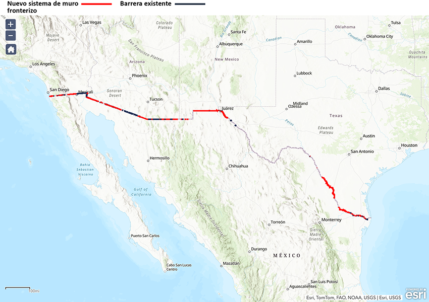 Mapa que muestra las zonas de la frontera entre Estados Unidos y México donde existe una barrera fronteriza. En rojo se muestran más de 730 kilómetros de barreras construidas entre 2017 y 2021. En negro se muestran las barreras construidas anteriormente.
