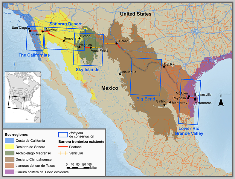 Mapa que muestra seis ecorregiones que se destacan en la frontera entre México y Estados Unidos. Cada región recibe un color distinto. Además, con rectángulos azules, se destancan hotspots de conservación.