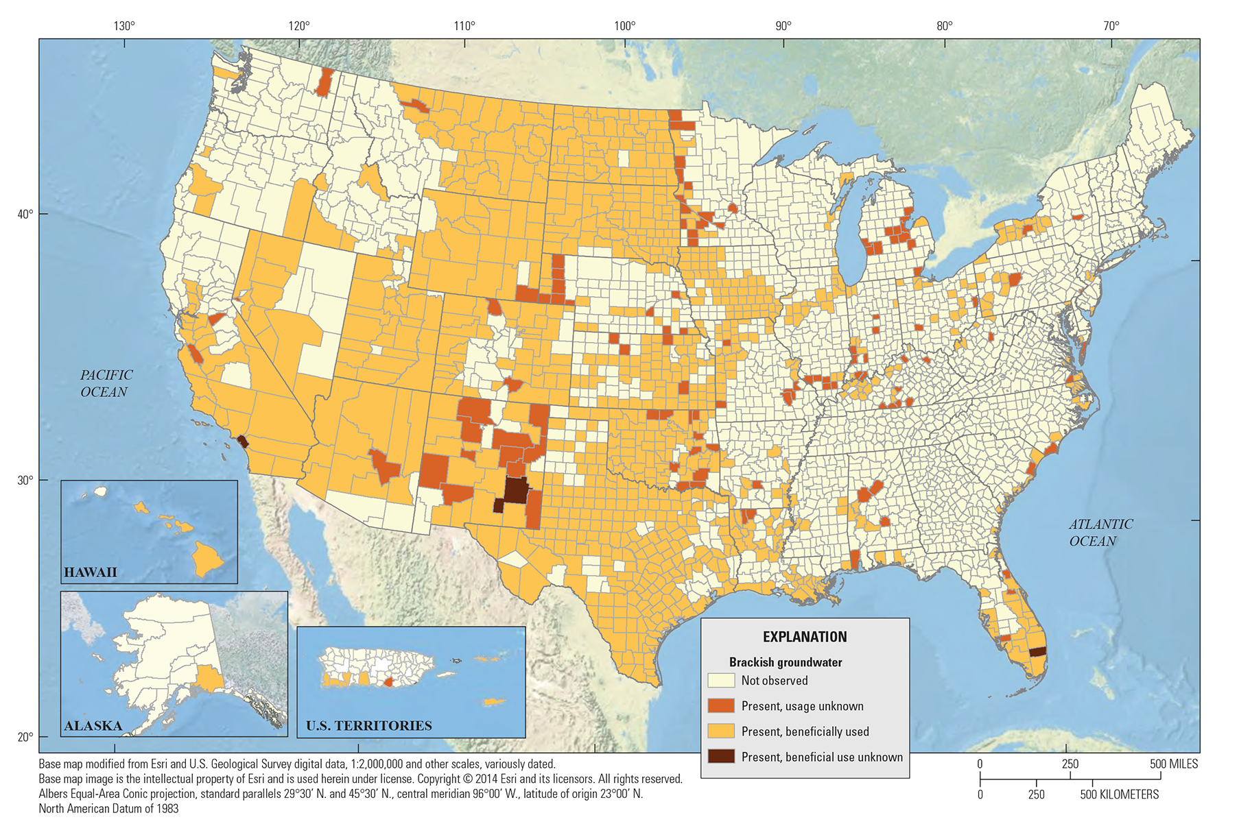 Un mapa de Estados Unidos muestra la ubicación de las aguas subterráneas salobres y señala si se están aprovechando de forma útil.