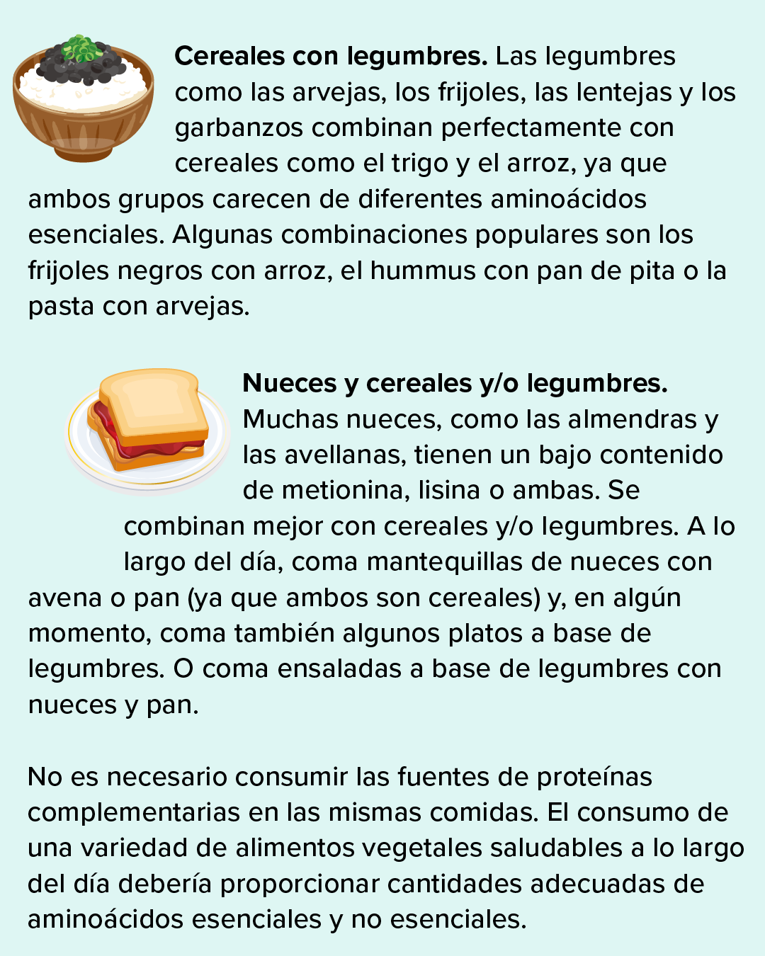 La segunda diapositiva del gráfico muestra cómo combinar alimentos vegetales para crear fuentes de proteínas “completas”.