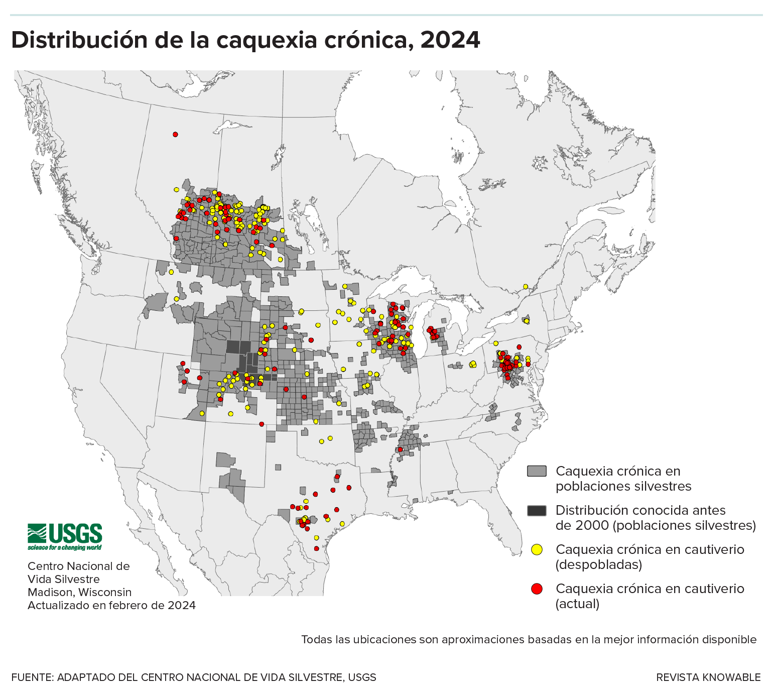 Mapa que muestra la propagación de la caquexia crónica en Norteamérica.