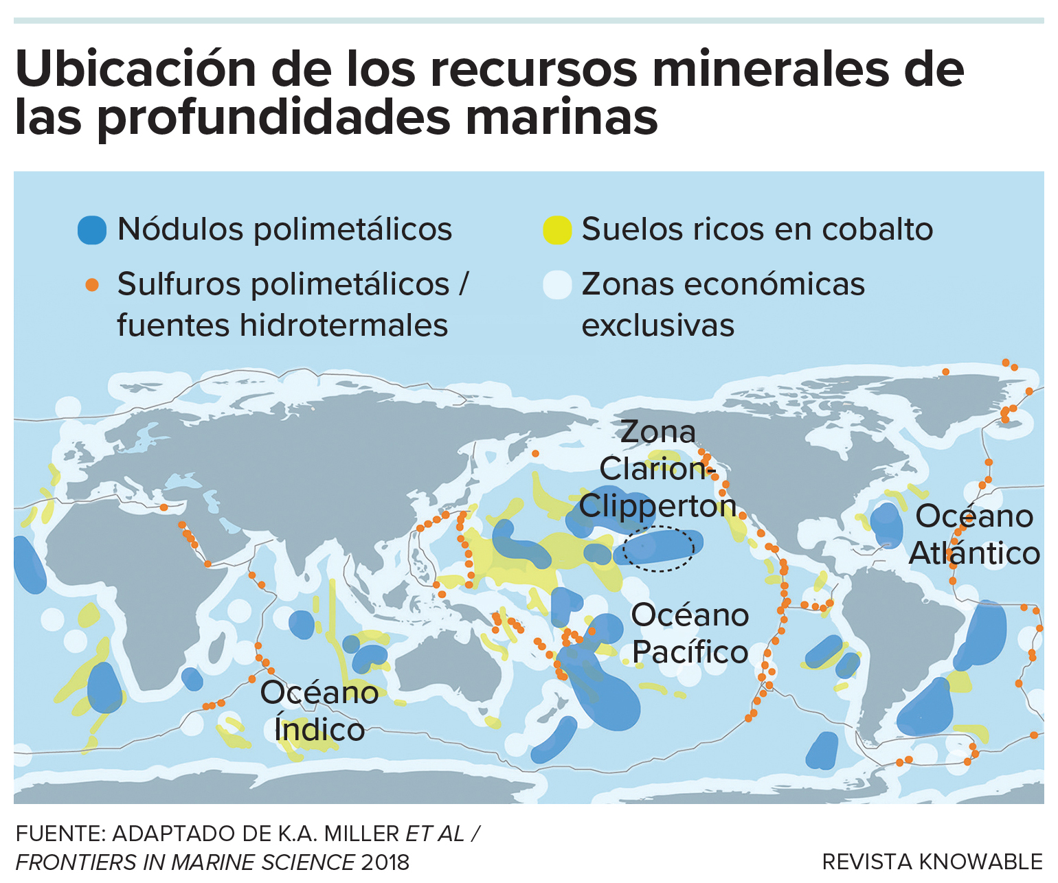 Un mapa mundial que muestra las principales ubicaciones de nódulos polimetálicos y otros recursos minerales codiciados en los océanos. También se muestran las zonas económicas exclusivas y la ubicación de la Zona Clarion-Clipperton, centro de muchas ambiciones de minería en aguas profundas.
