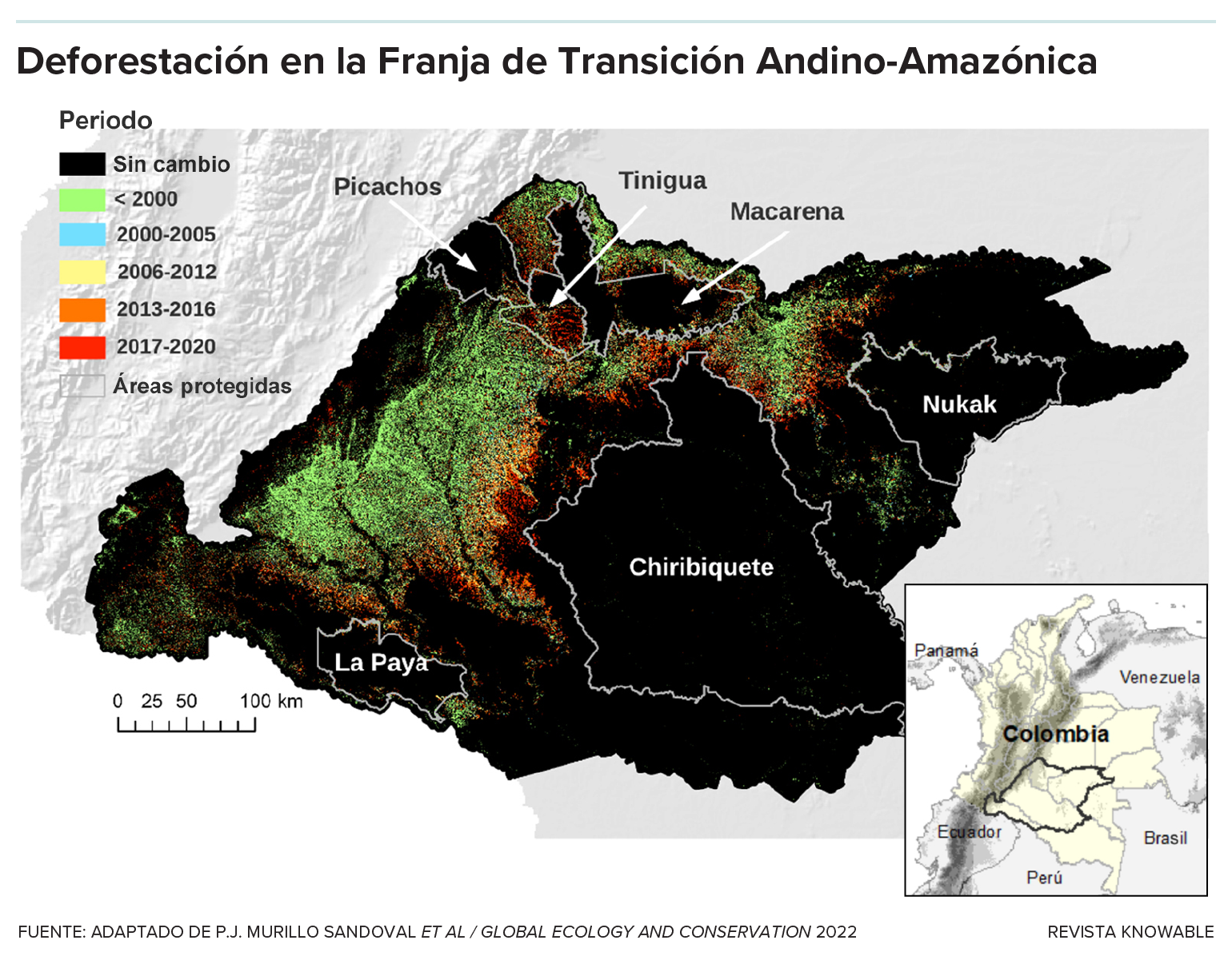 El mapa muestra la deforestación en la Franja de Transición Andino-Amazónica en Colombia a lo largo del tiempo. Las zonas en negro representan el bosque conservado y se muestran dentro de ellas, con líneas blancas, los límites de seis áreas protegidas. Con colores, se resalta el arco de deforestación entre los Andes y la Amazonía. El mapa muestra que solo se conserva la conexión entre ambos ecosistemas a través de un camino formado por los parques nacionales Picachos, Tinigua y Macarena ; y al sur por un corredor que incluye al parque La Paya