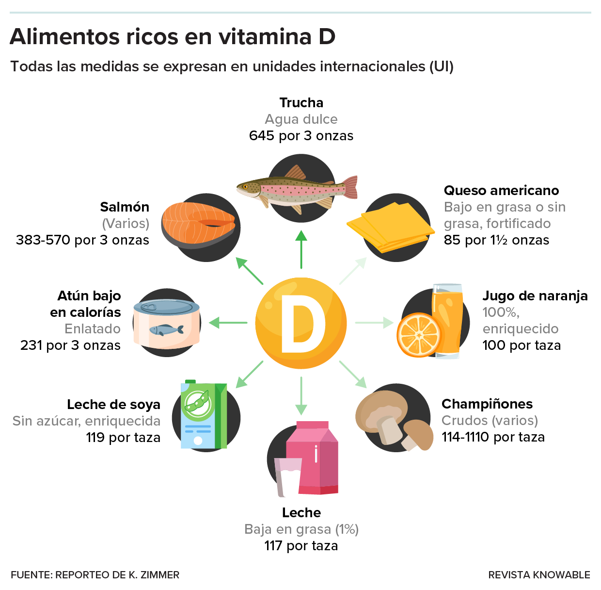 El gráfico muestra algunos alimentos ricos en vitamina D.