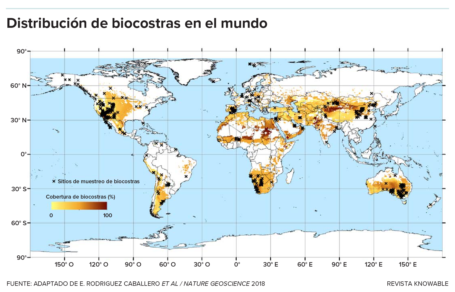 Mapa del mundo que muestra la distribución de las biocrostras.