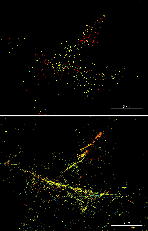 Dos imágenes muestran puntos que indican los sismos detectados en una serie de temblores en Oklahoma. Hay muchos más puntos en la imagen inferior, en la que se utilizó la IA para analizar los datos, y las líneas de fallas se pueden ver con mucha más claridad.