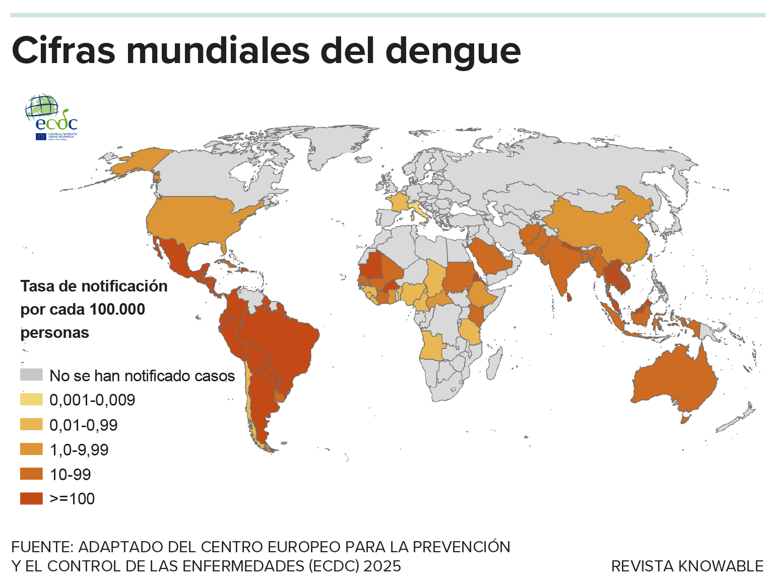 Un mapa muestra los casos de dengue notificados en todo el mundo; las regiones con muchos casos aparecen en color rojo intenso. Entre ellas se encuentran América, las islas del Pacífico y el sudeste asiático.