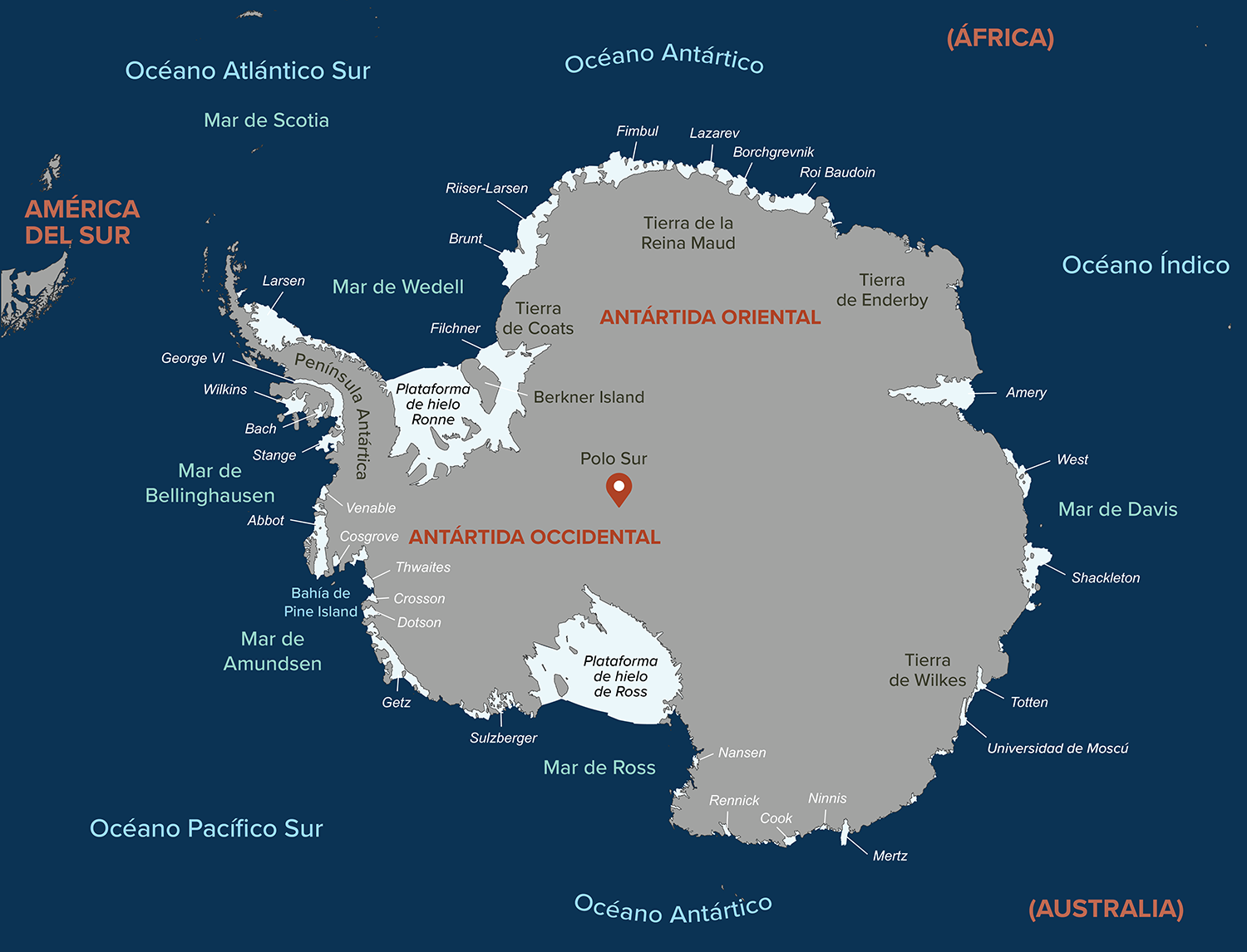 Mapa de Antártida que muestra la ubicación de muchas plataformas de hielo.
