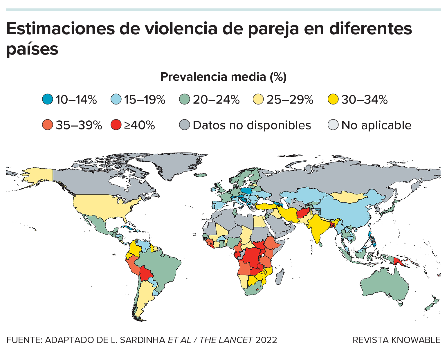 Un mapa del mundo muestra la prevalencia estimada de la violencia de pareja contra las mujeres en diferentes países.