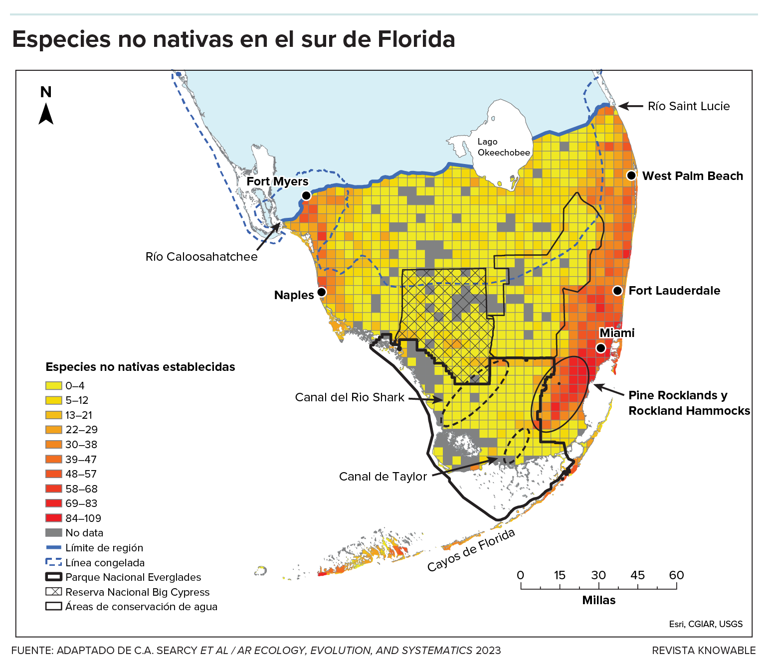 Un mapa muestra la distribución de las especies exóticas del sur de Florida.