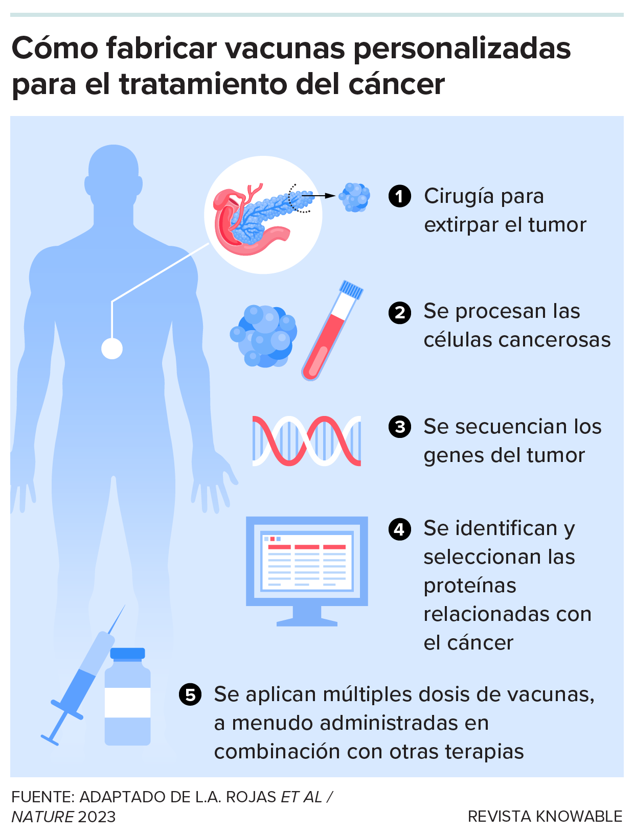 Cómo fabricar vacunas personalizadas para el tratamiento del cáncer Un diagrama muestra cómo se utilizan los genes secuenciados a partir de tumores de pacientes para diseñar y sintetizar vacunas personalizadas contra el cáncer.