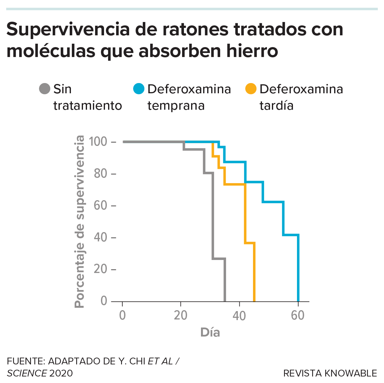 Metástasis y hierro Un gráfico de supervivencia muestra que los ratones tratados con el fármaco deferoxamina sobreviven más tiempo que los ratones de control.