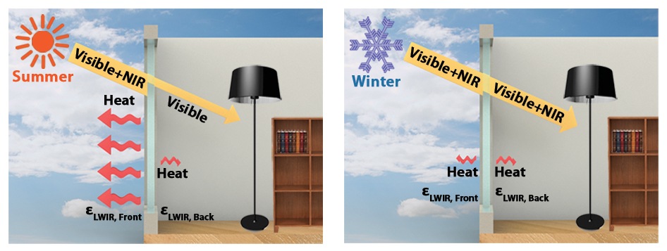 El gráfico muestra una sección transversal de una habitación en invierno y en verano; la luz que deja pasar la ventana inteligente difiere en cada estación.
