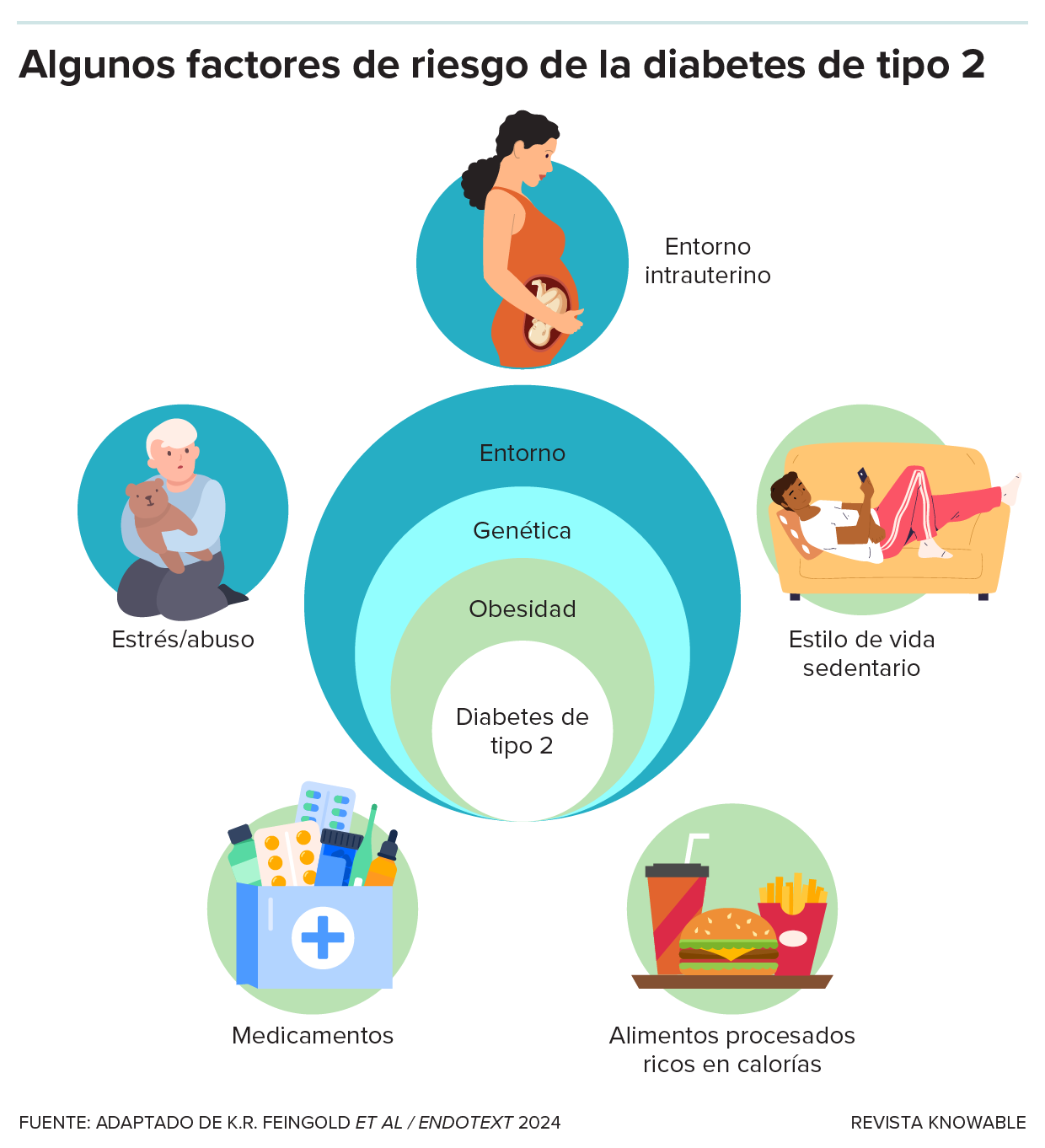 La ilustración muestra algunos de los factores de riesgo de la diabetes tipo 2.