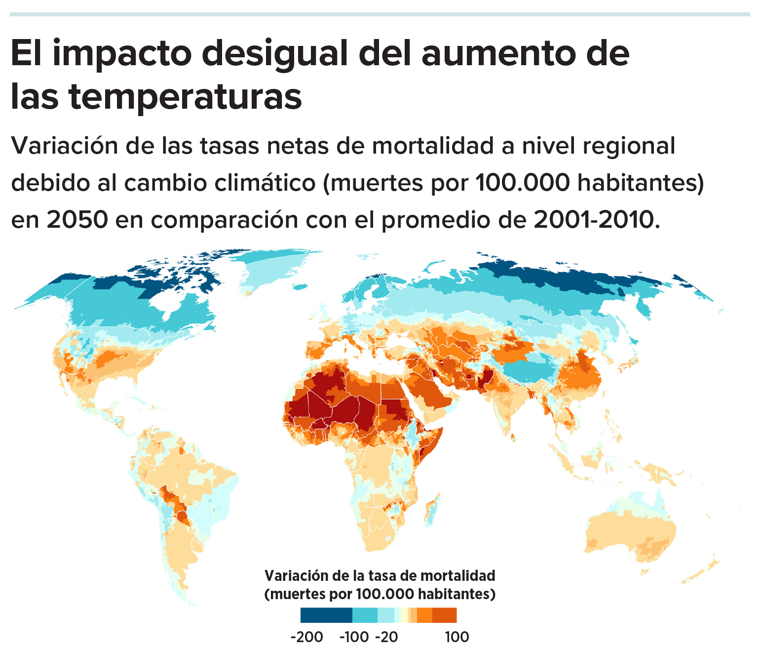 Mapa del mundo, regiones del norte en tonos azules fríos, regiones del centro y del sur en naranja y rojo.