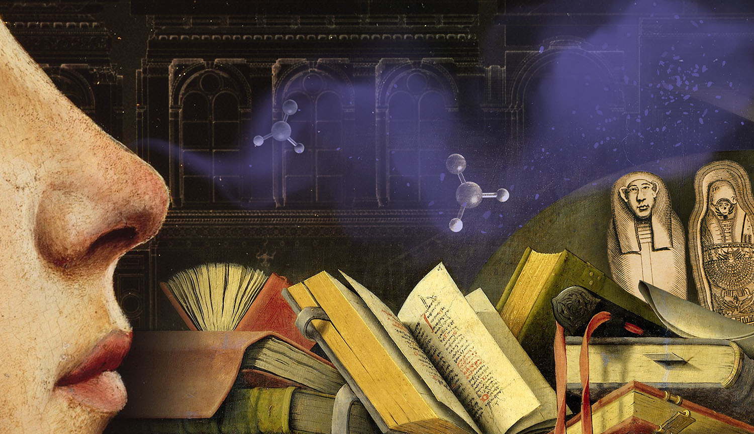 Un rostro de perfil sobre un fondo de libros, sarcófagos y moléculas.
