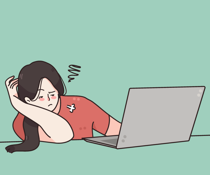 Ilustración de una mujer que parece angustiada y agotada mientras está sentada frente a una computadora portátil abierta.