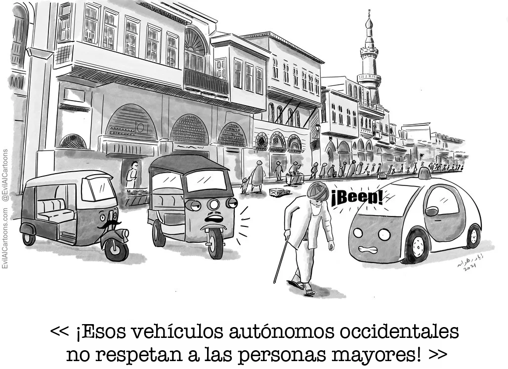 Una viñeta en blanco y negro muestra un coche autónomo tocando el claxon de forma descortés a una persona mayor que cruza la calle, mientras otro coche autónomo comenta: “¡Esos vehículos autónomos occidentales no respetan a las personas mayores!”.