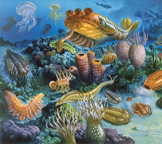 Ilustración de diversas formas animales primitivas que se cree que vivieron en la época de la explosión cámbrica.