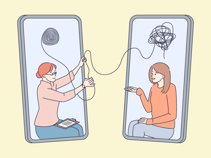 Ilustración de dos personas sentadas con teléfonos móviles conectados entre sí por un ovillo de hilo.