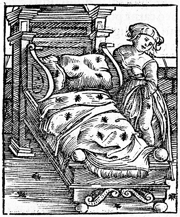 Grabado xilográfico que muestra a una mujer de pie junto a una cama cubierta de insectos rastreros.