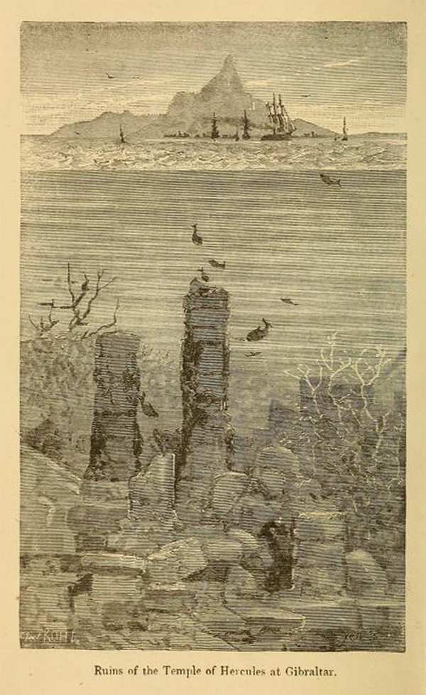 Dibujo lineal de pilares submarinos entre ruinas de un templo; el peñón de Gibraltar al fondo.