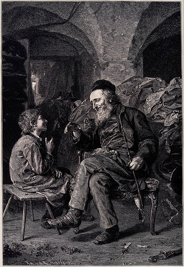 Una ilustración en blanco y negro muestra a un niño sentado junto a un anciano barbudo. El niño escucha atentamente los consejos de su mayor.