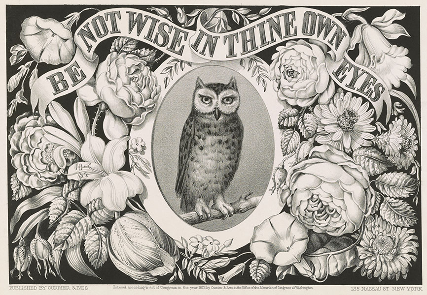 Una ilustración en blanco y negro representa a un búho y la advertencia bíblica: “No te creas sabio”.