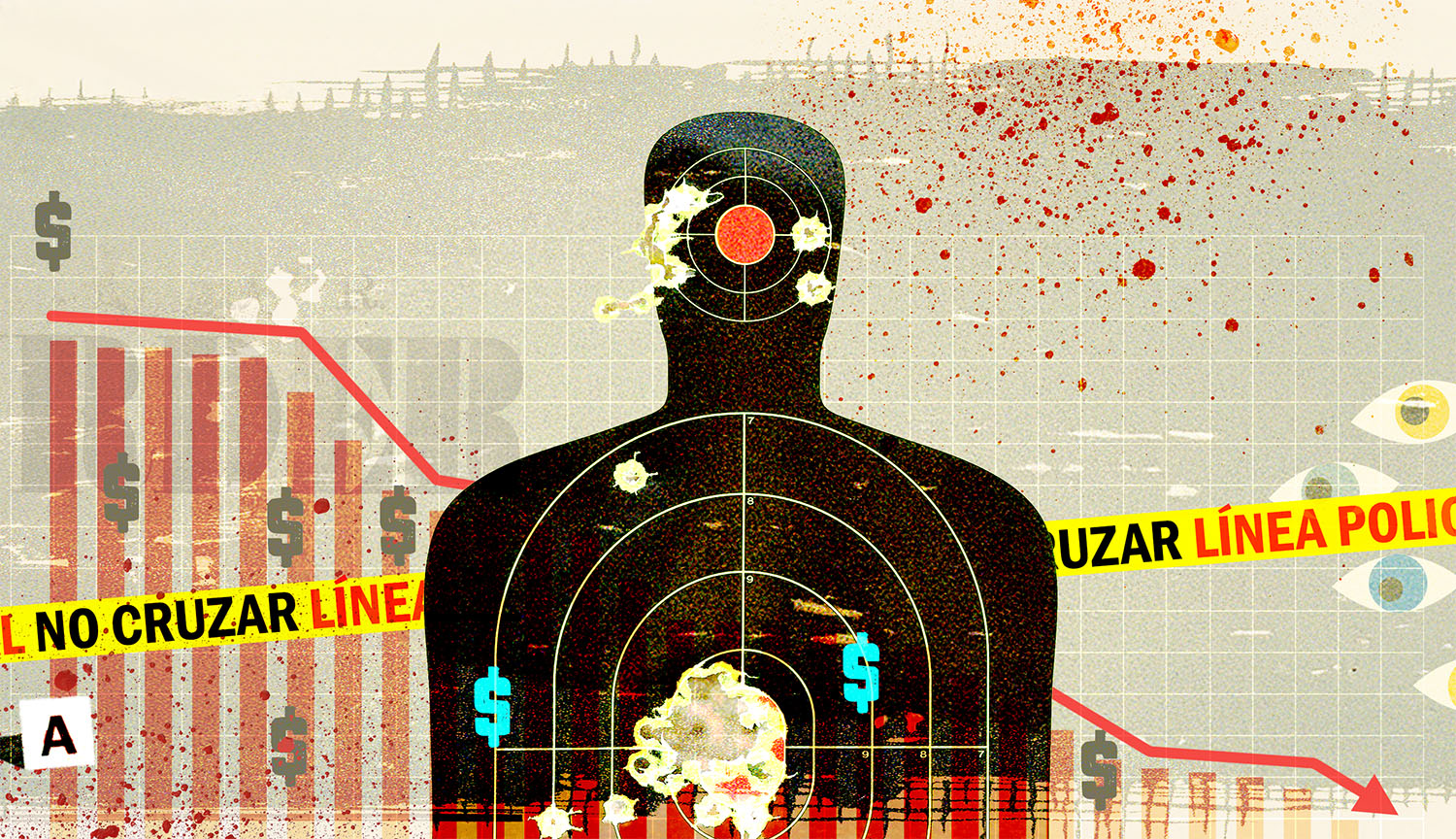 Un gráfico de barras, cinta policial, signos de dólar y la silueta de un objetivo humano.