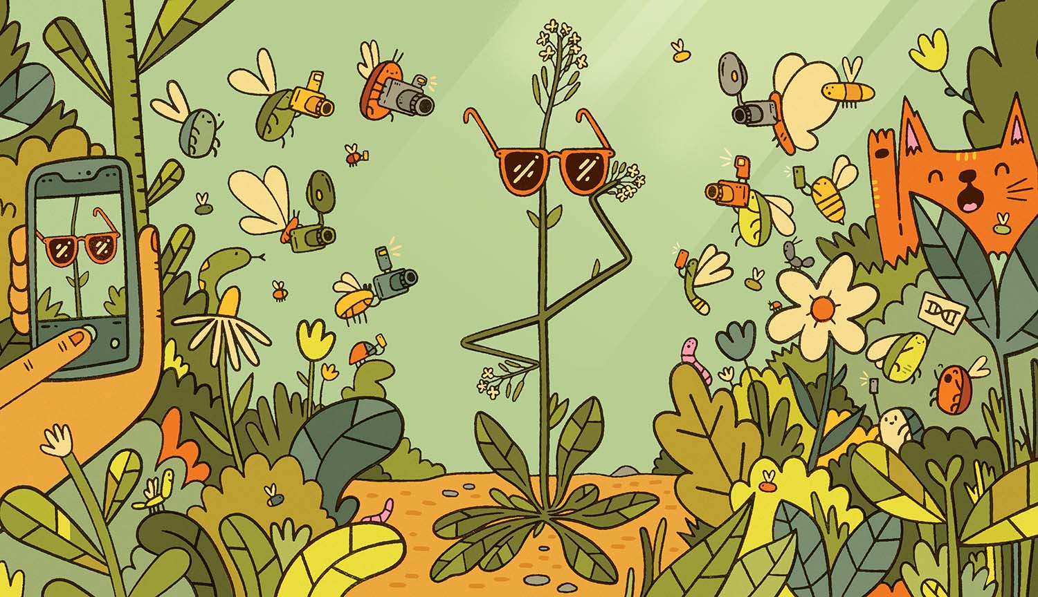 Una planta delgada con gafas de sol posando para una fotografía mientras animales, plantas y una persona se agrupan a su alrededor.