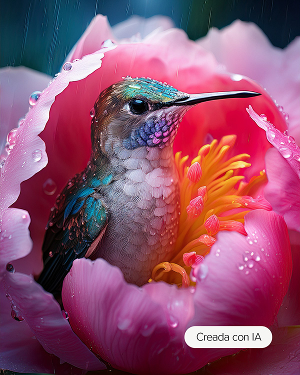 Imagen, etiquetada como “Creada con IA”, que muestra un diminuto colibrí acurrucado entre los pétalos rosas de una flor bajo la lluvia.