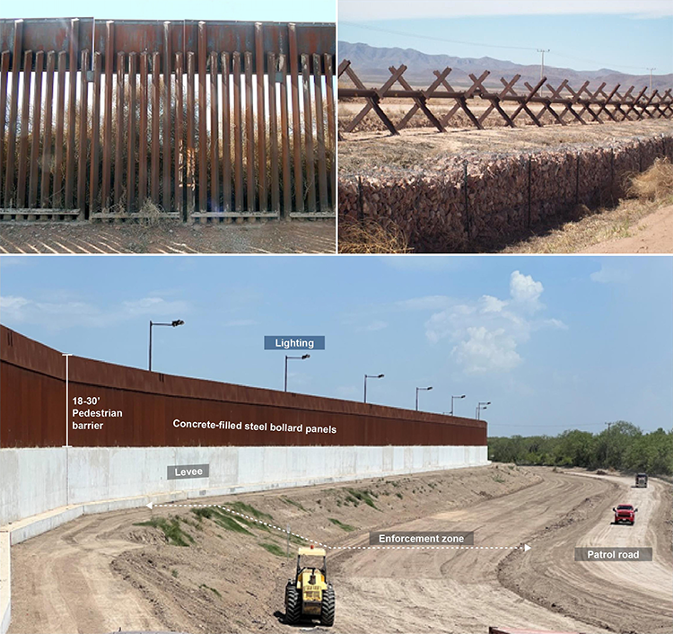 Collage de tres fotos que muestran los distintos tipos de barreras que se encuentran en la frontera entre México y Estados Unidos.
