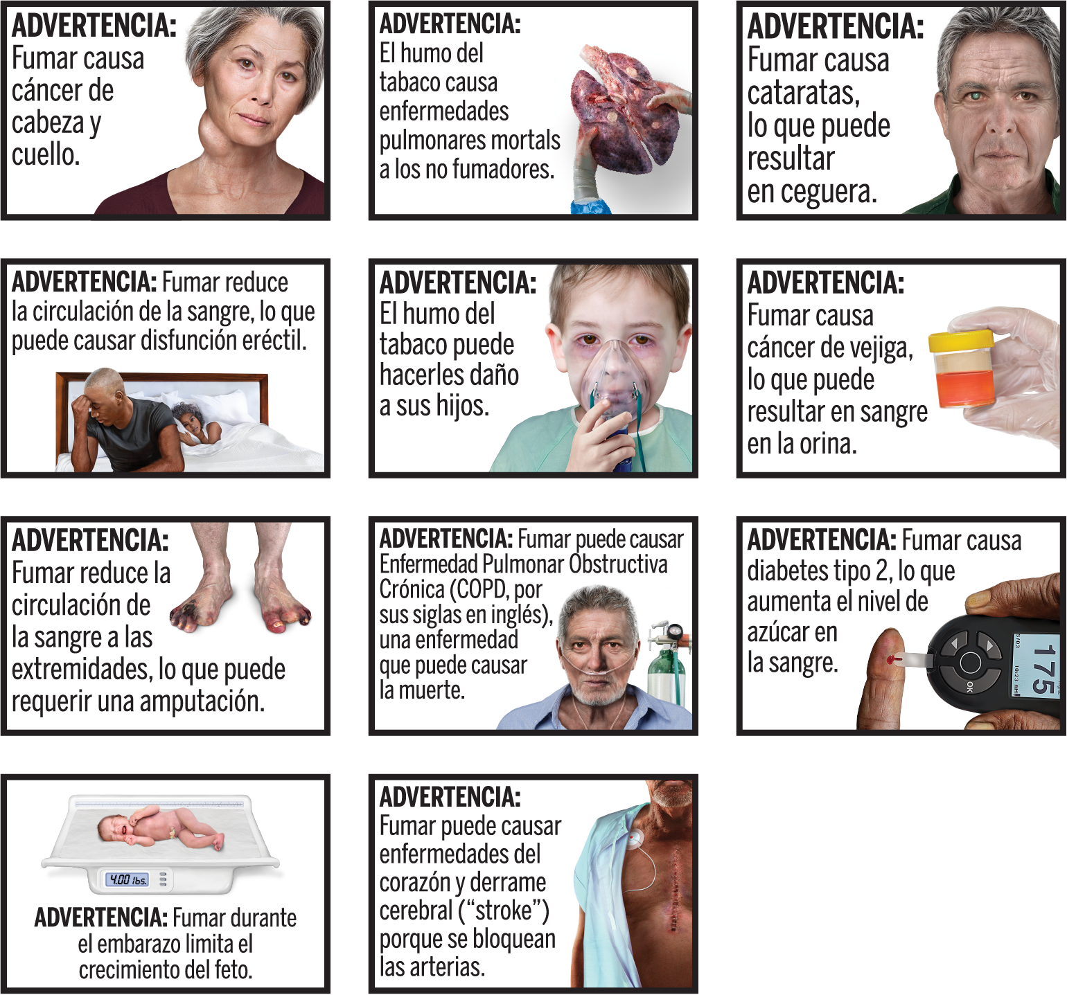 Una cuadrícula de once imágenes gráficas que advierten sobre los daños del tabaco muestran pulmones enfermos, un bebé en la incubadora, dedos de los pies gangrenados, orina sanguinolenta y un tumor en el cuello, entre otras cosas.