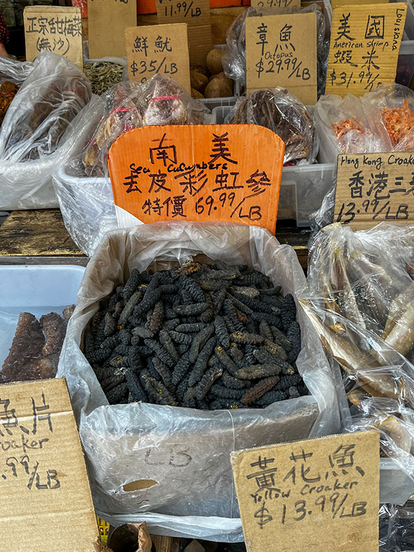 Pepino de mar seco Fotografía de pepinos de mar secos con etiquetas en caracteres chinos y precios.