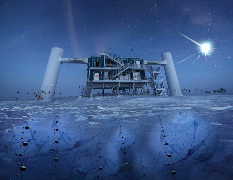 Una representación artística, basada en una imagen real del laboratorio IceCube en el Polo Sur, muestra un punto de luz lejano que emite neutrinos y que puede detectarse bajo el hielo mediante cadenas de sensores.