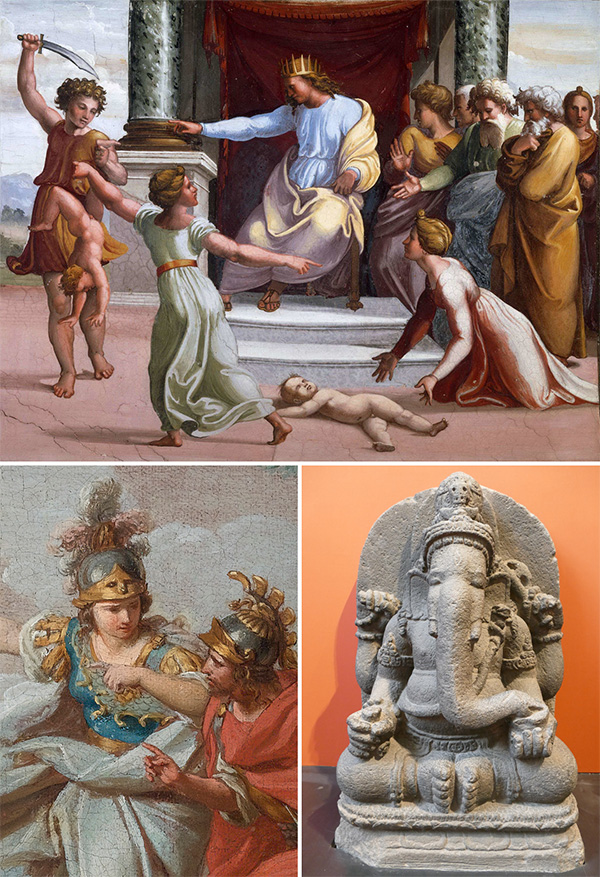 Dos pinturas y una estatua representan acontecimientos y personajes relacionados con la sabiduría.