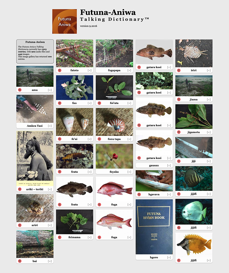 Fotos de conchas, peces, plantas y otros elementos identificados con sus nombres en la lengua futuna-aniwa.