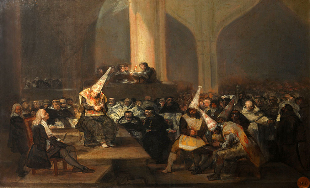 Una pintura de Francisco Goya, con una iluminación tenue, muestra a penitentes encapuchados con gorros puntiagudos acusados ante los inquisidores, mientras una multitud observa.