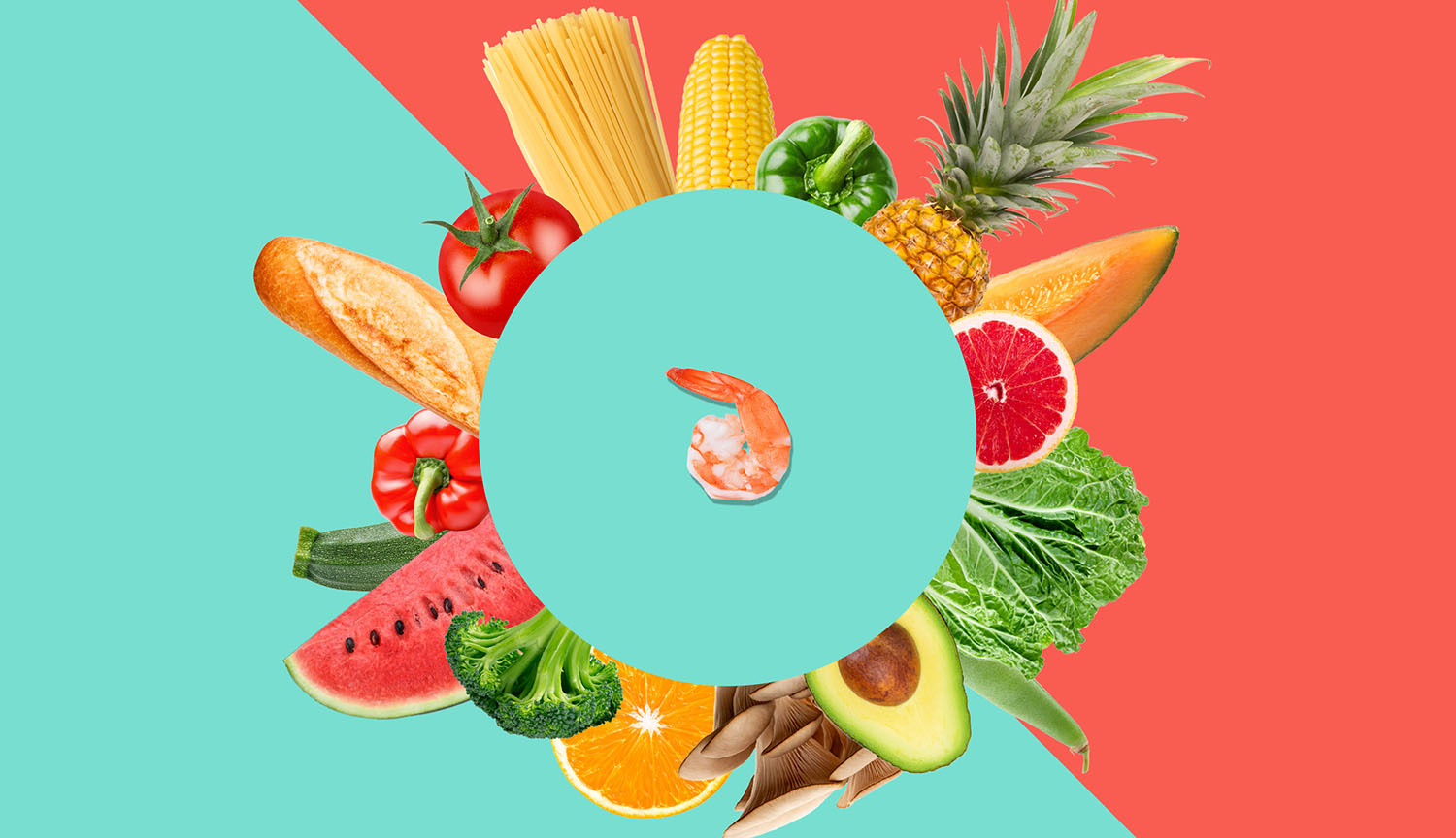 Selección variada de alimentos con una sola fuente de proteína: un camarón.