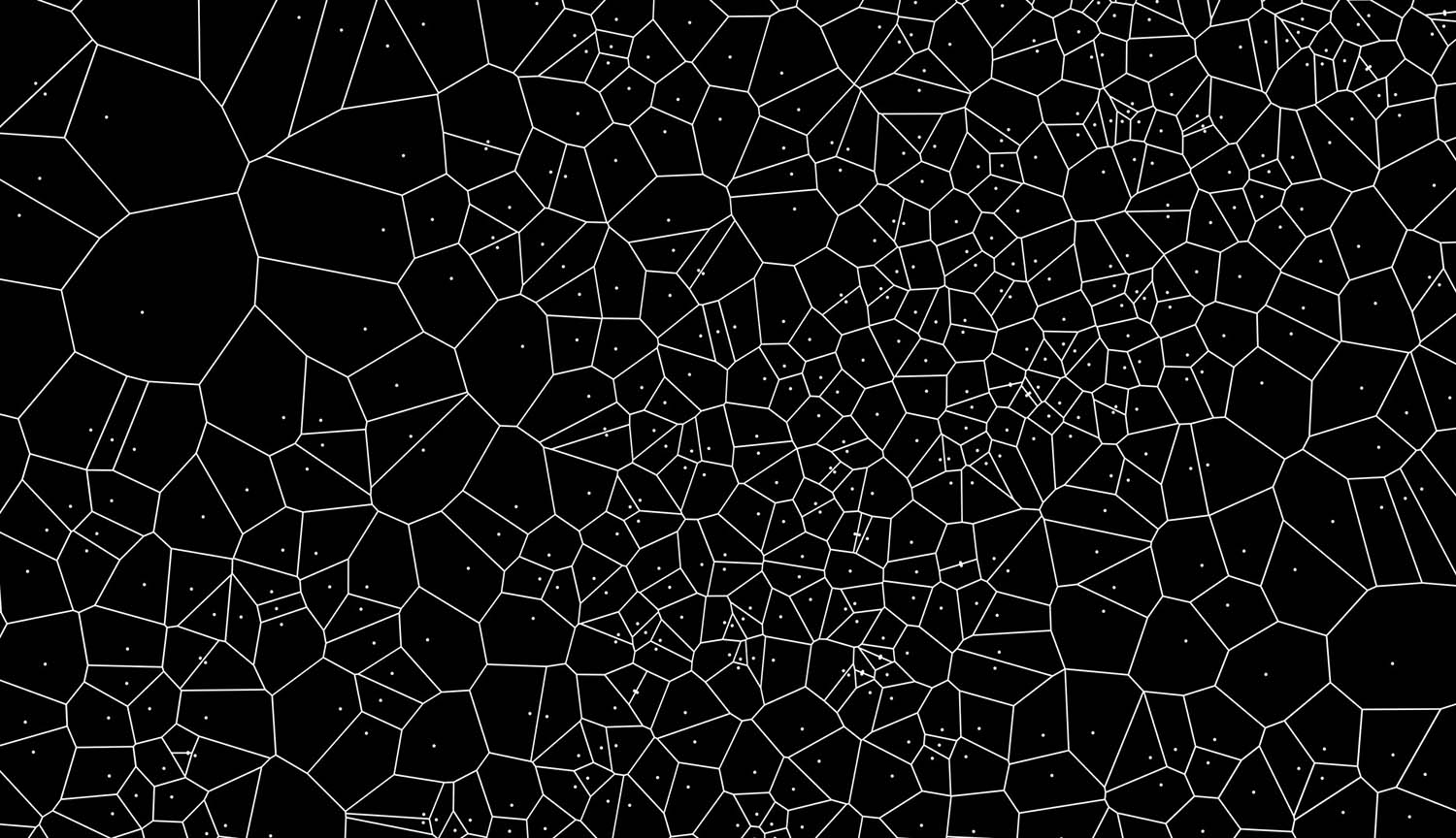 Animación de un diagrama de Voronoi en blanco y negro.